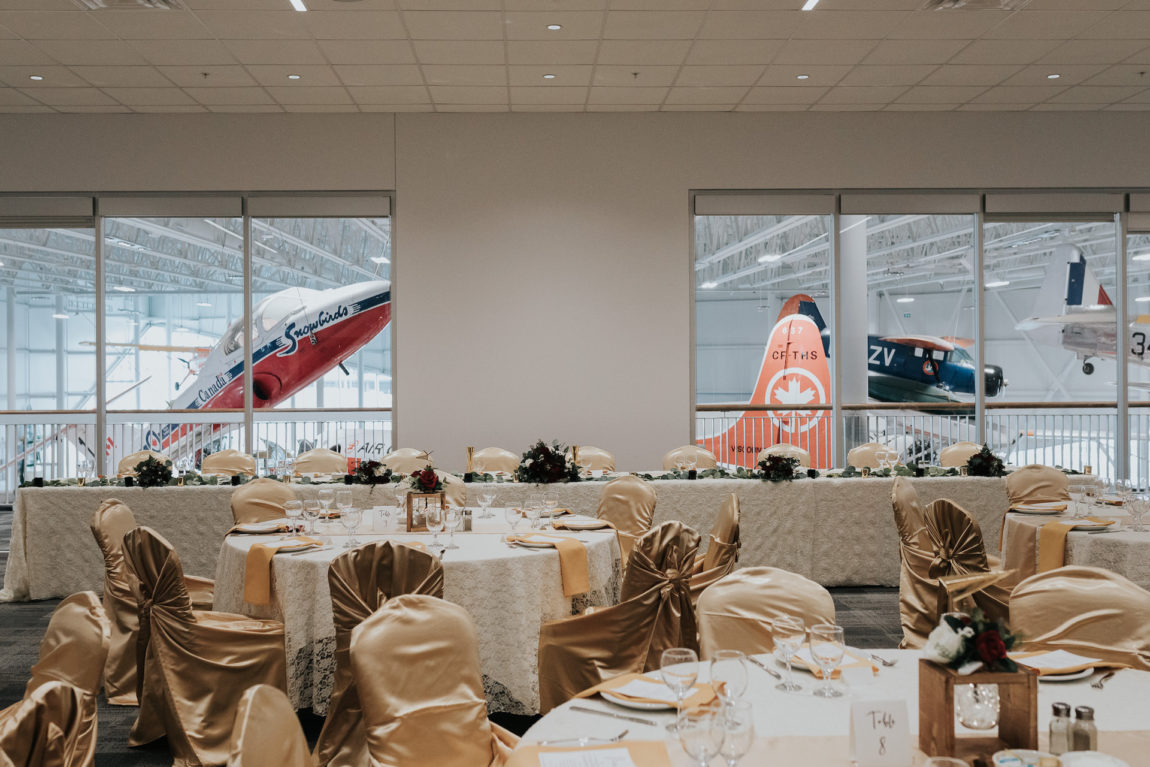 Wedding set up in the Sanford and Deborah Riley Room at the Royal Aviation Museum of Western Canada