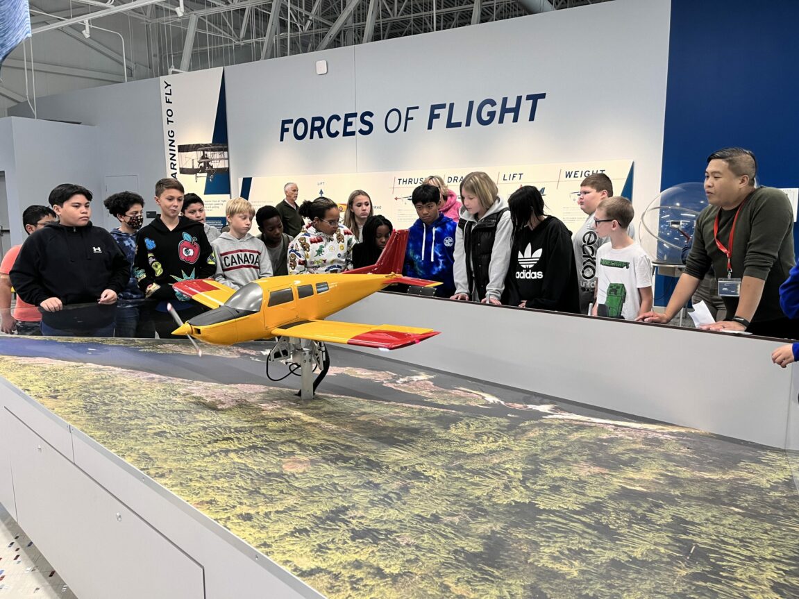 Grade 6 students learn about the four forces of flight at the Royal Aviation Museum