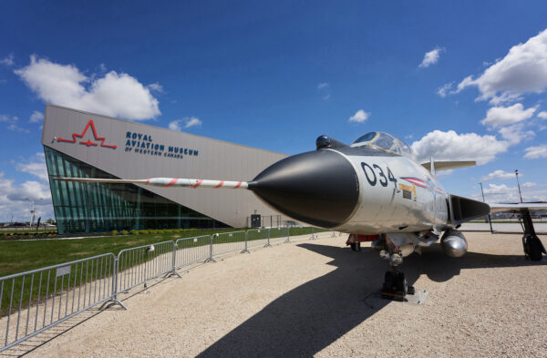 Vintage fighter jet, the CF-101 Voodoo, sits on display outside the Royal Aviation Museum of Western Canada