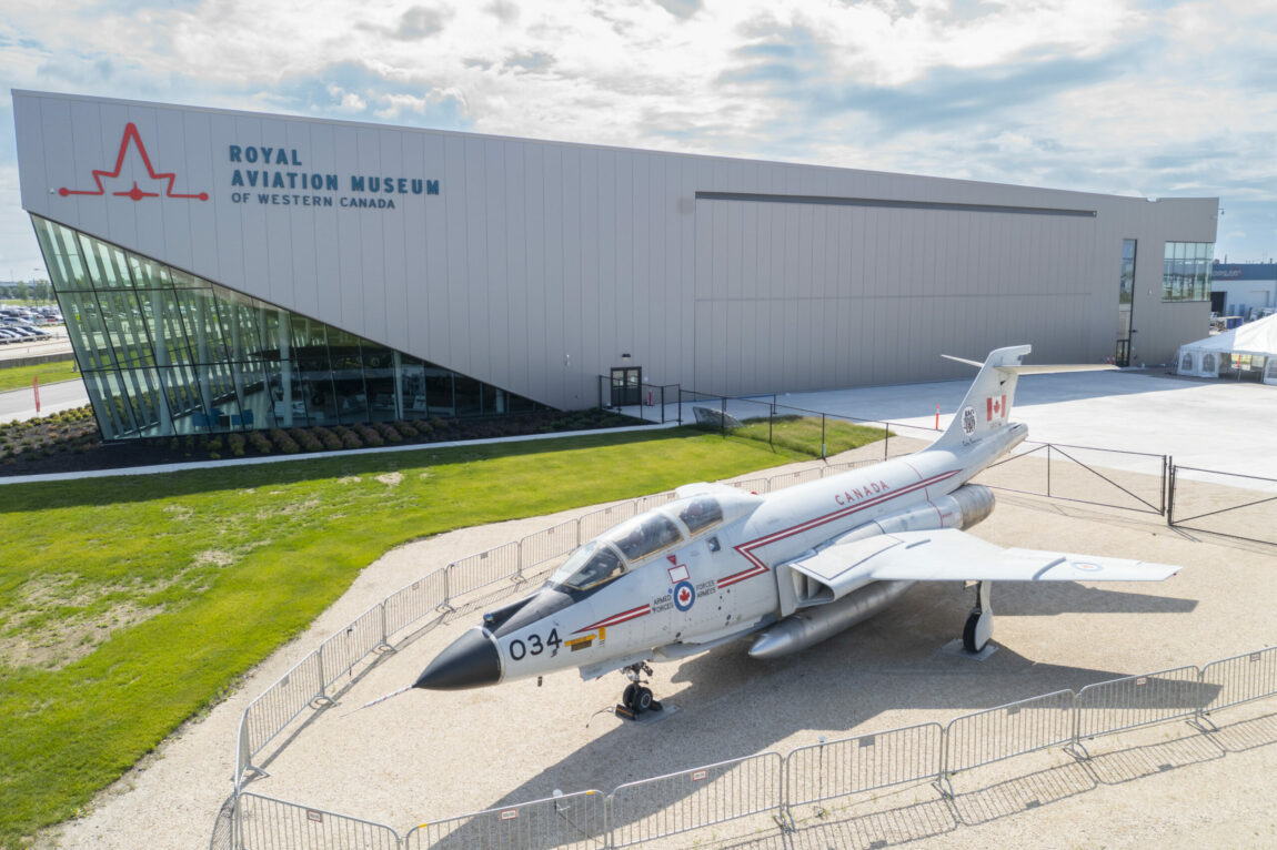 Vintage fighter jet, CF-101 Voodoo, on display outside the Royal Aviation Museum of Winnipeg.