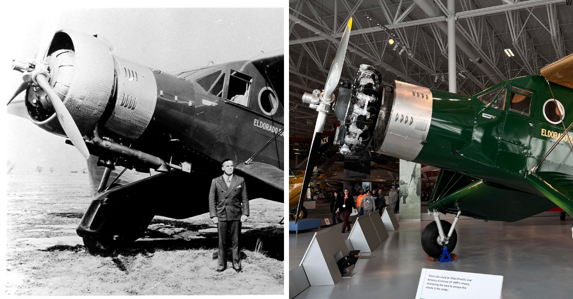 Side-by-side images of the Bellanca Aircruiser, CF-AWR, shown in 1935 and present day as displayed in the RAMWC museum