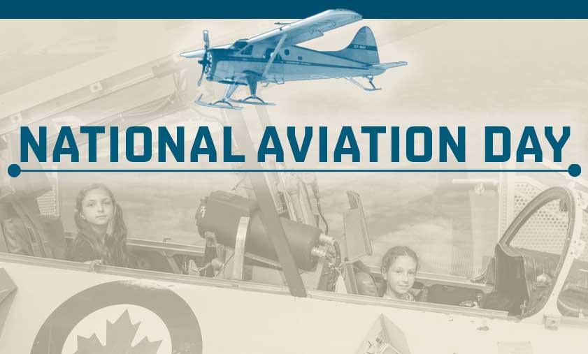 Two young girls sit in the cockpit of a CF01 Voodoo. Image has a sienna-coloured overlay with text that reads, 'National Aviation Day' and a graphic of an vintage bushplane.
