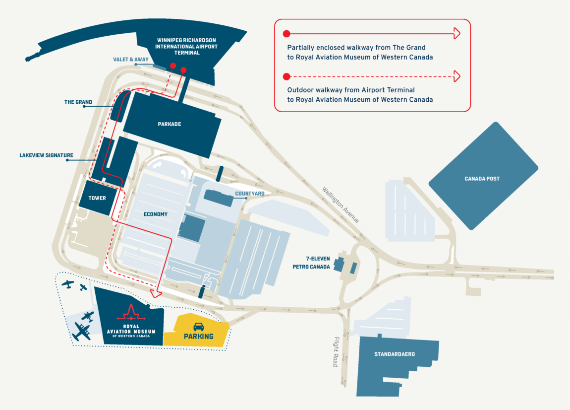 Map of the Winnipeg Airport campus including the Royal Aviation Museum of Western Canada and airport hotels