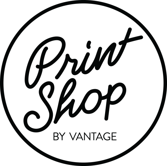 Vantage Studios logo -- the words 'Print Shop' in a script font are displayed prominently with smaller text below reading, 'By Vantage'