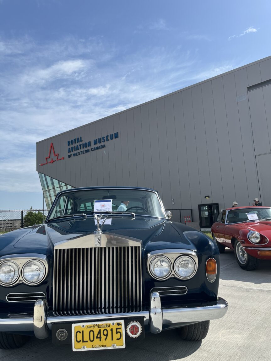 Dark blue 1972 Rolls Royce Silver Shadow parked in Aviation Plaza of the Royal Aviation Museum on Father's Day 2022.
