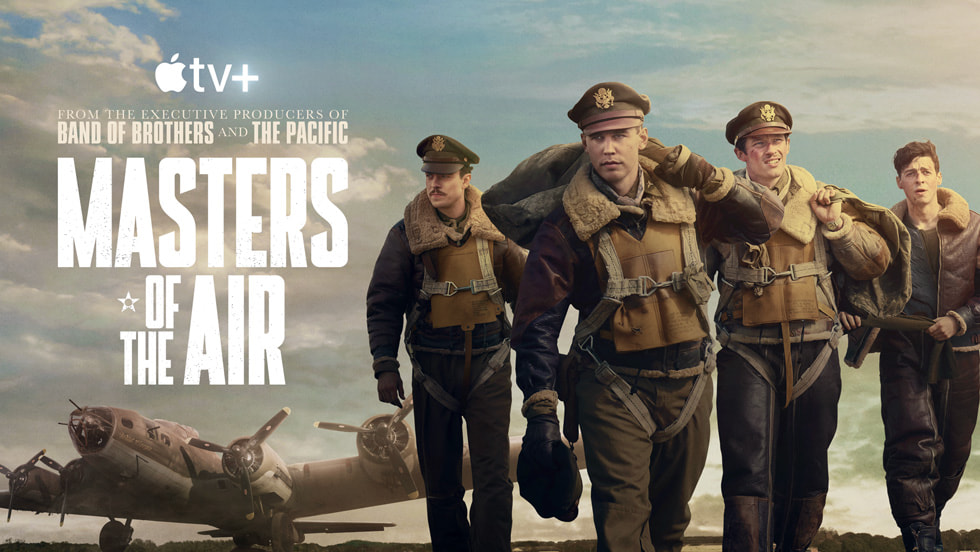 Promotional poster for the AppleTV show 'Masters of the Air'. The title of the series appears on the left, in the foreground, four pilots in WWII pilot jackets are walking towards the camera. In the background, a B-17 can be seen. 