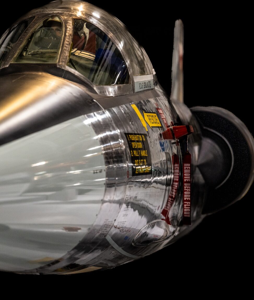 Head-on view of a CF-104 Starfighter on display indoors