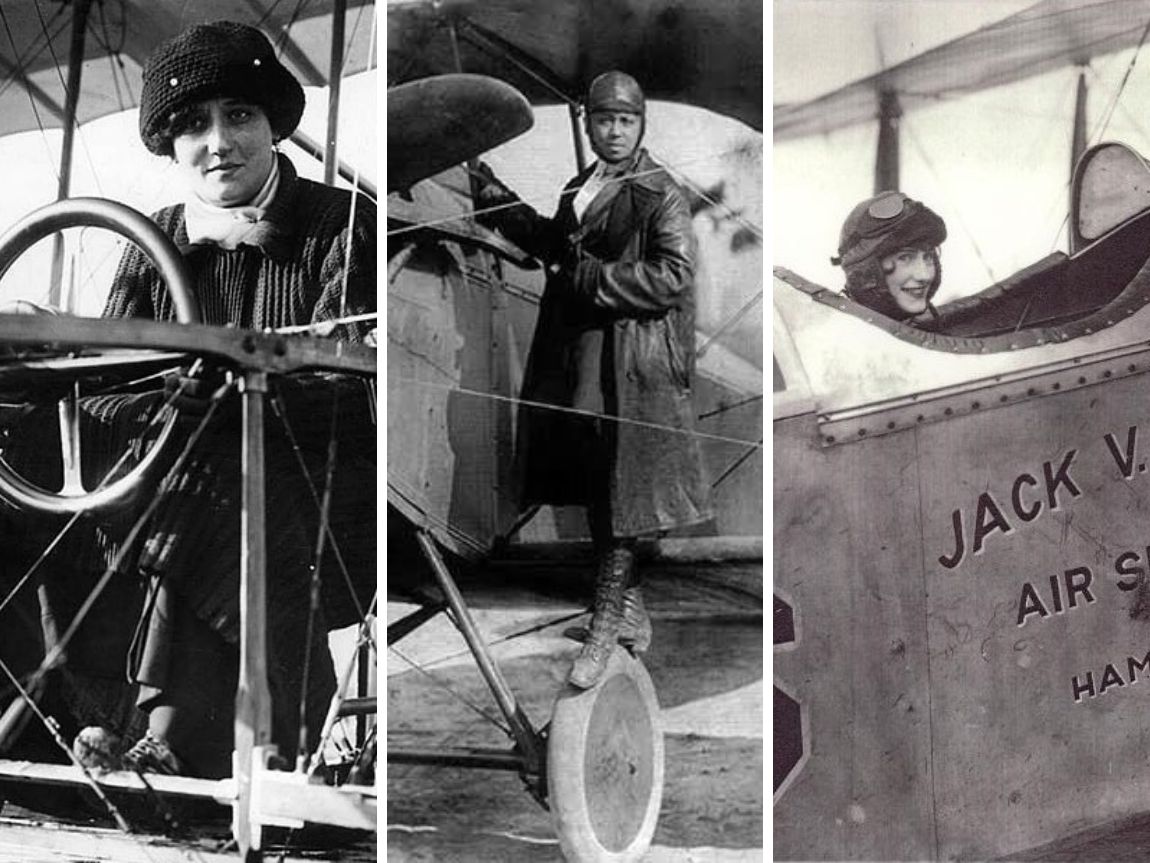 Three side-by-side b&w images of woman pilots in early aircraft