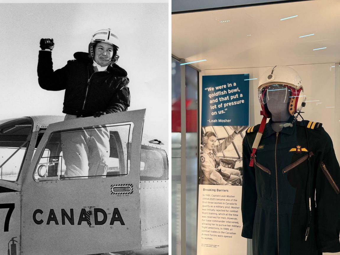 Side-by-side images. In the first, a woman aviator emerges from the cockpit of a small aircraft with her fist raised triumphantly in the air. The other image shows a antique flight suit on display in an aviation museum.